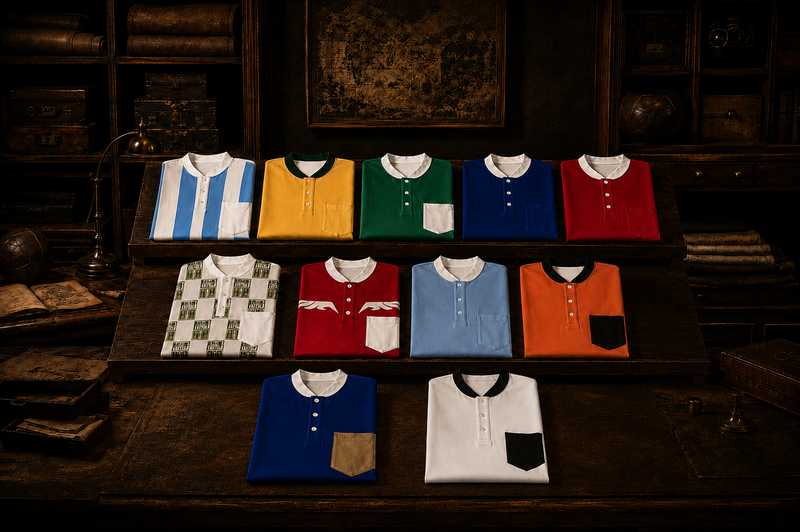 Iconic shirts neatly folded on a table in a football-lovers shed
