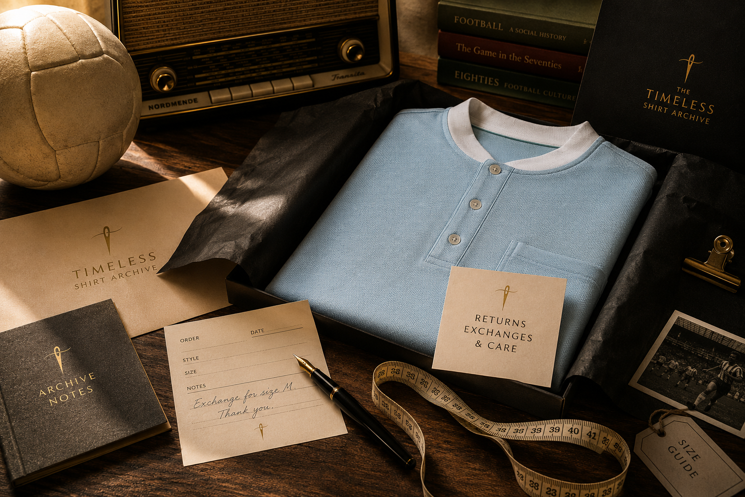 Light blue polo shirt with white collar on a wooden surface with vintage items.