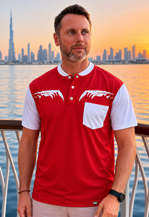 Man wearing a red and white polo shirt with a city skyline in the background