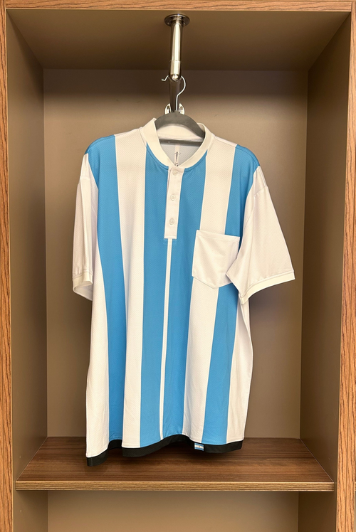 Blue and white striped shirt on a hanger inside a wooden wardrobe.
