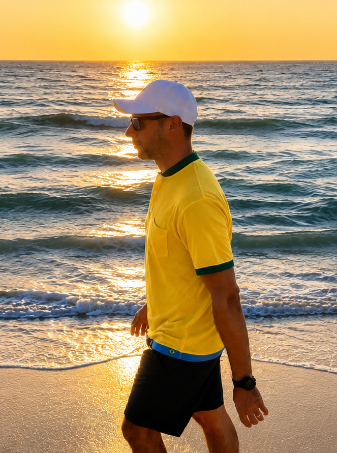 Man walking on a beach at sunset