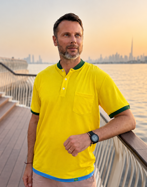 Man wearing a yellow polo shirt with a cityscape in the background