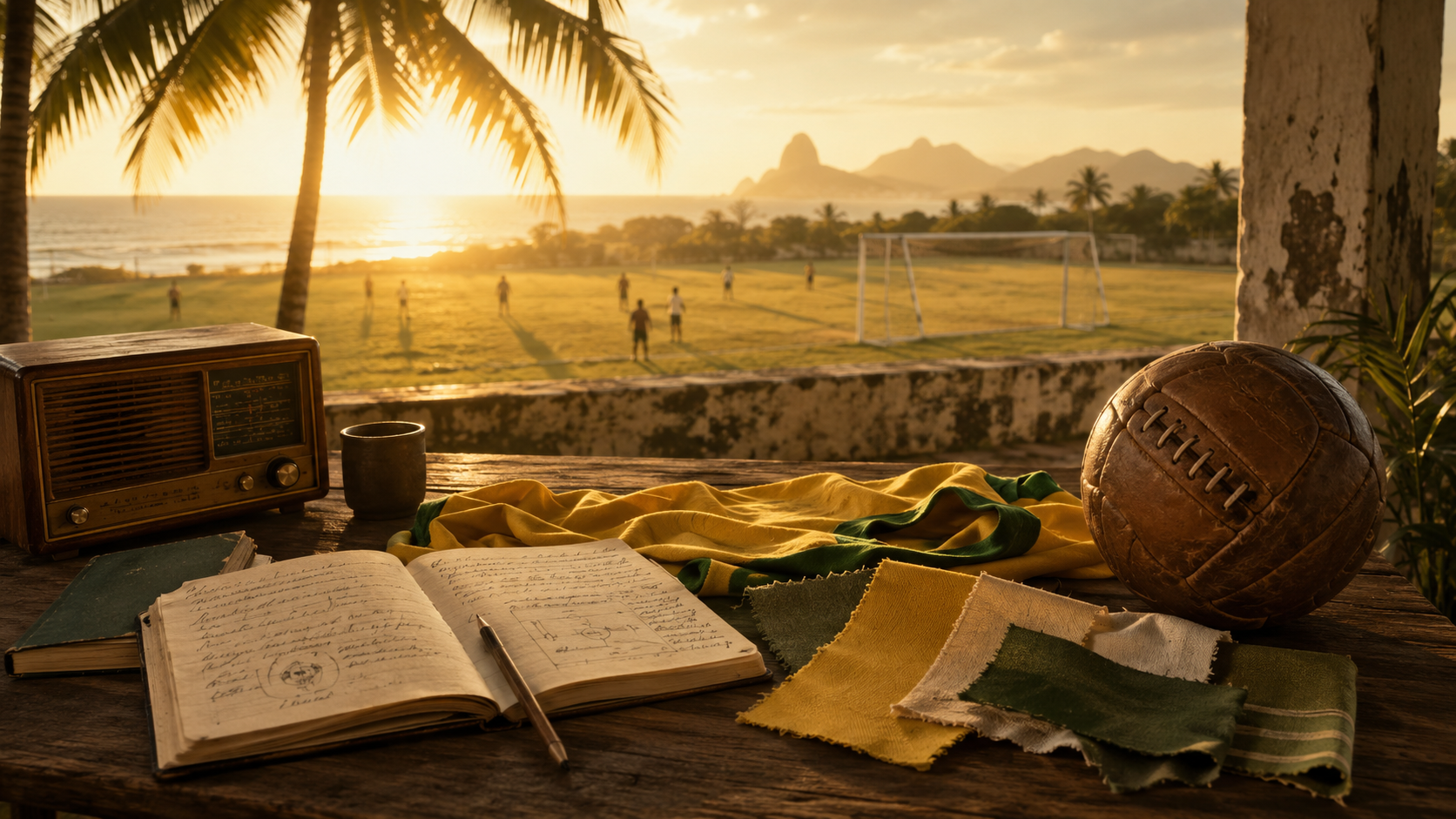 Vintage radio on a table with a sunset over a soccer field in the background