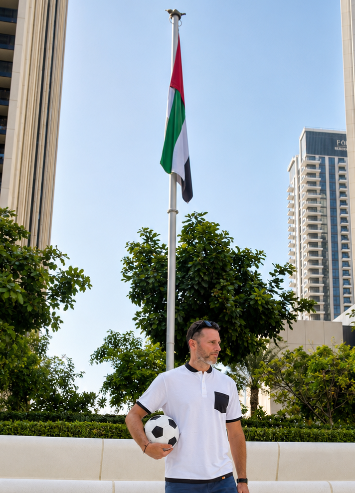 Man holding a soccer ball in front of a building with a flag