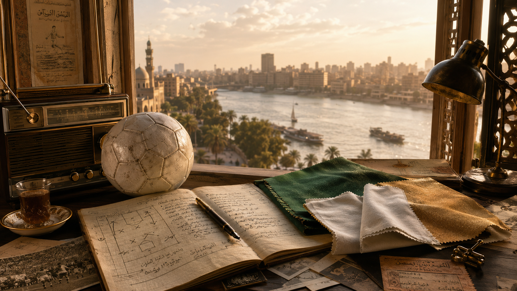 Vintage desk with open book, globe, and cityscape view through window