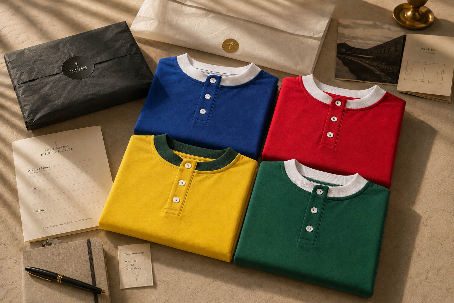 Four folded polo shirts in blue, red, yellow, and green on a textured surface with a black box and papers.