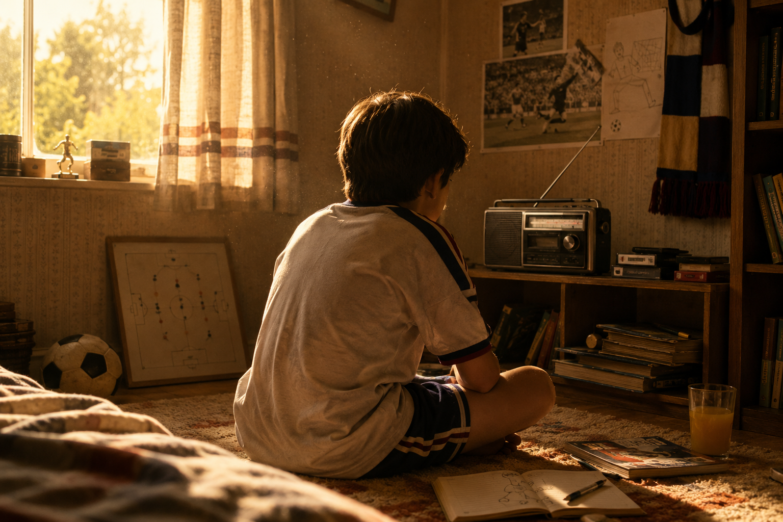 Person sitting on a bed in a room with a window, radio, and books.