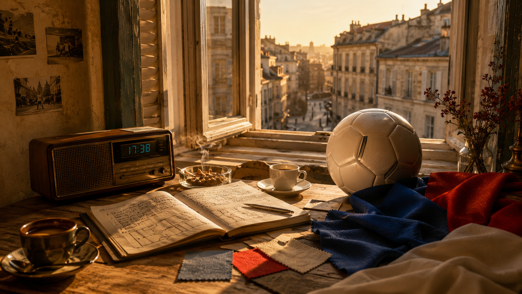 Desk with a soccer ball, newspaper, and coffee in a room with a cityscape view through the window.