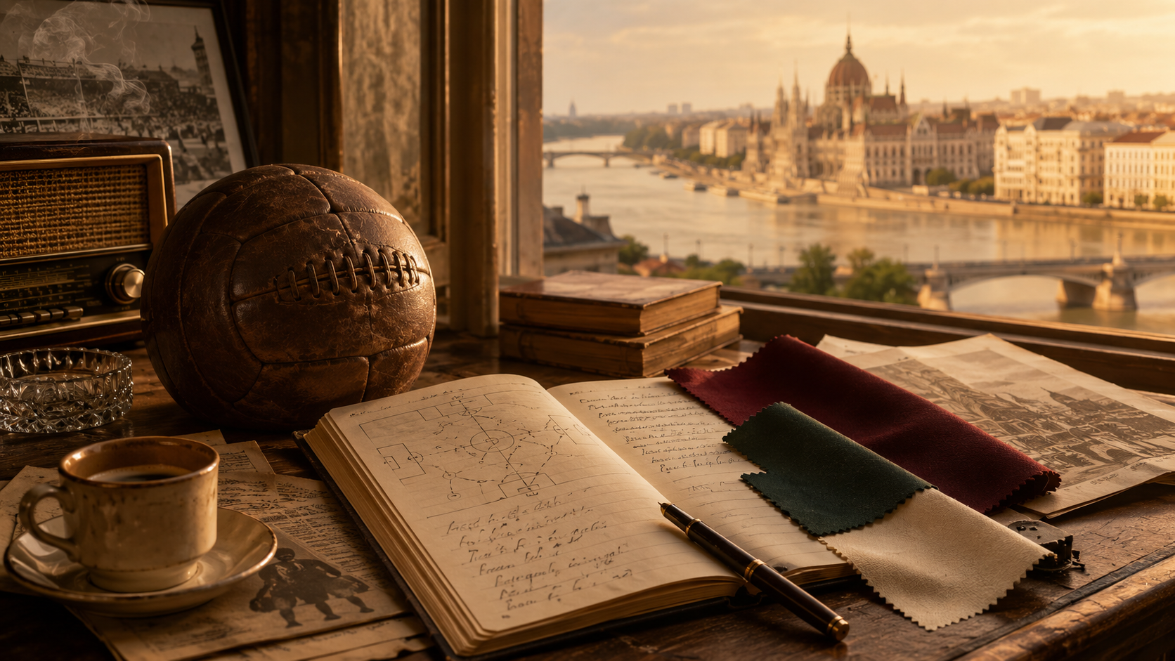 Vintage desk scene with books, a cup, and a globe, overlooking a cityscape.