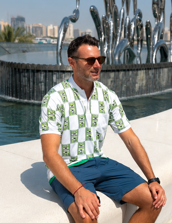 Man sitting on a bench by a water fountain with city skyline in the background