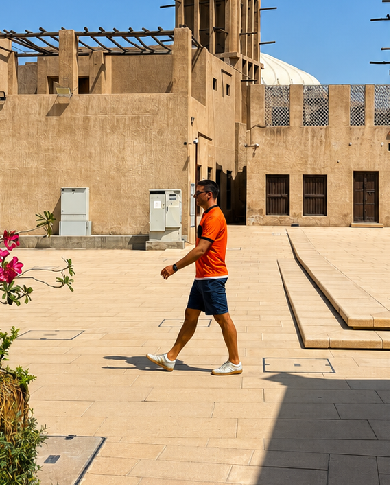 Person walking on a sunlit street with traditional architecture in the background