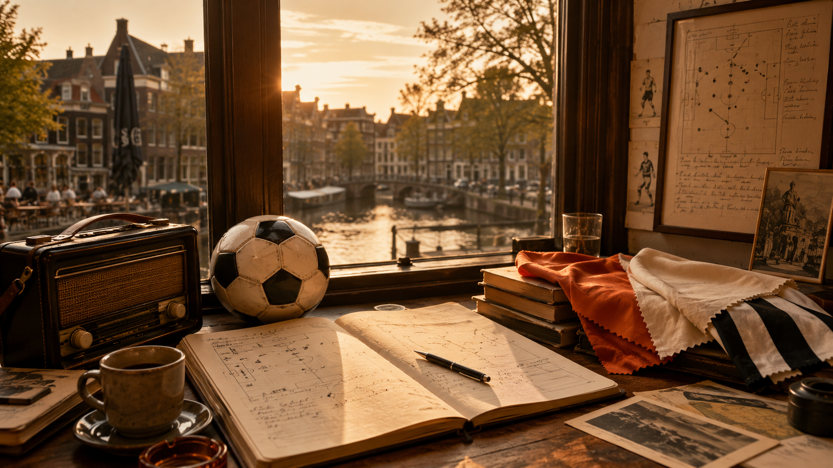 Desk with open book, pen, and cup of coffee, soccer ball, and radio, with a window view of a canal and buildings.