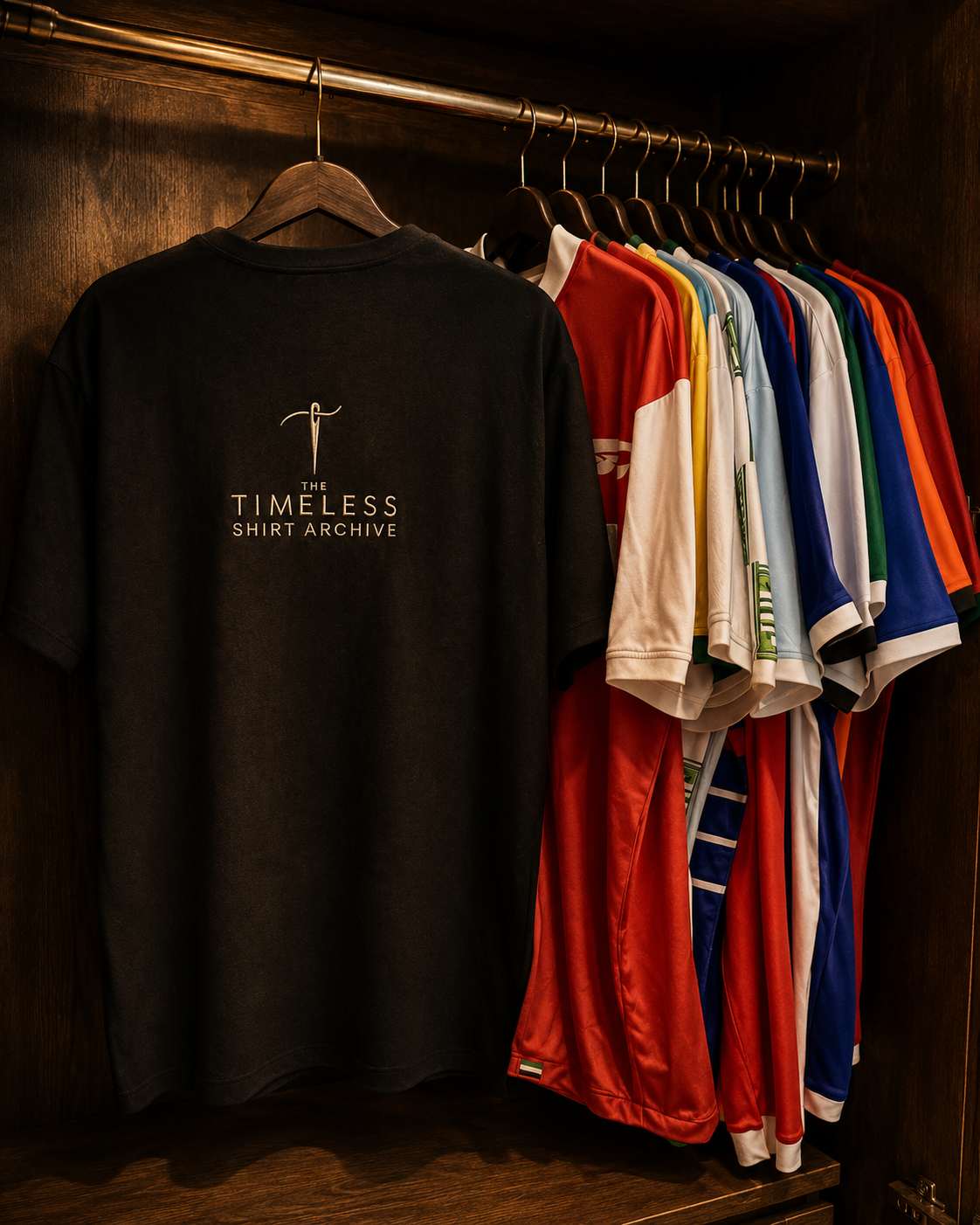 Black t-shirt with 'The Timeless Shirt Archive' logo on a hanger, surrounded by colorful shirts in a wardrobe.