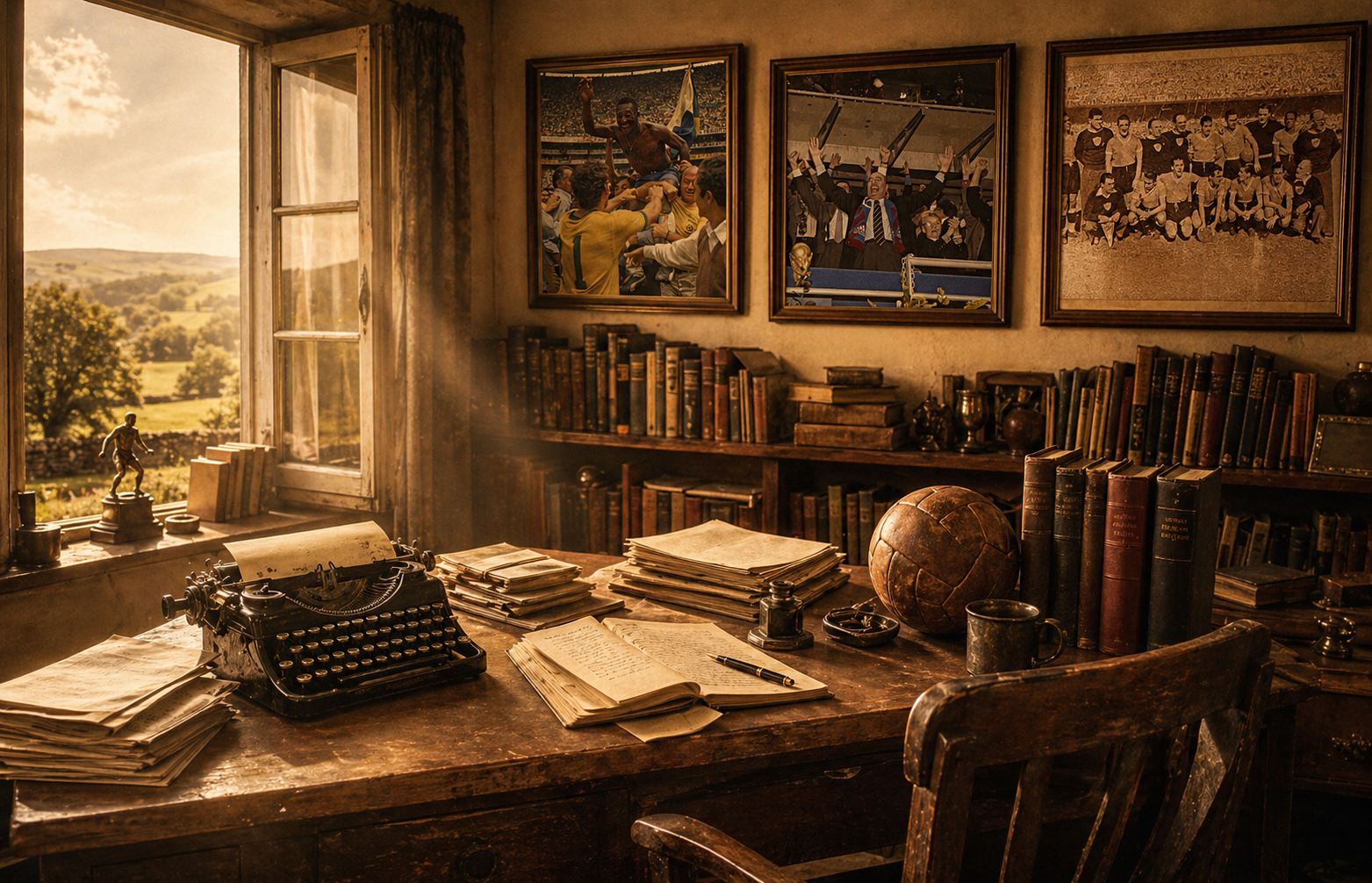 Vintage office desk with typewriter, books, and framed pictures in a room with large windows.