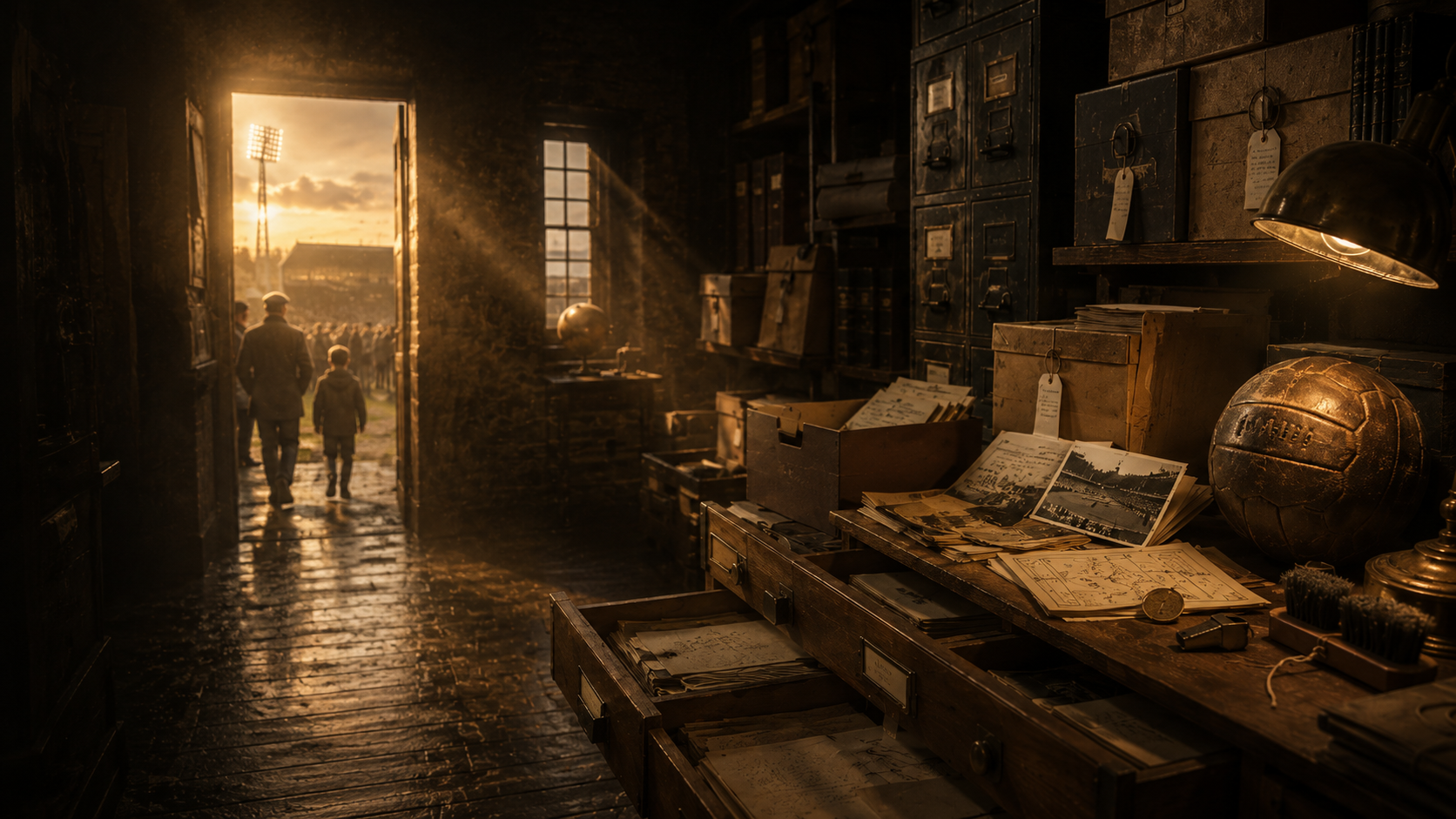 Dark, atmospheric interior with a person walking towards a sunlit doorway.