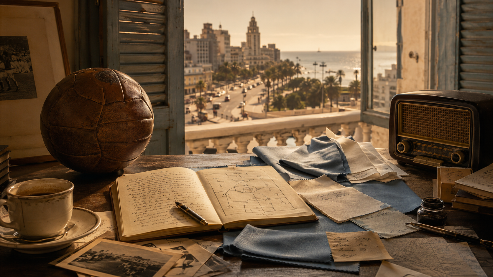 Cityscape with palm trees and ocean view from a window, leather chair in foreground