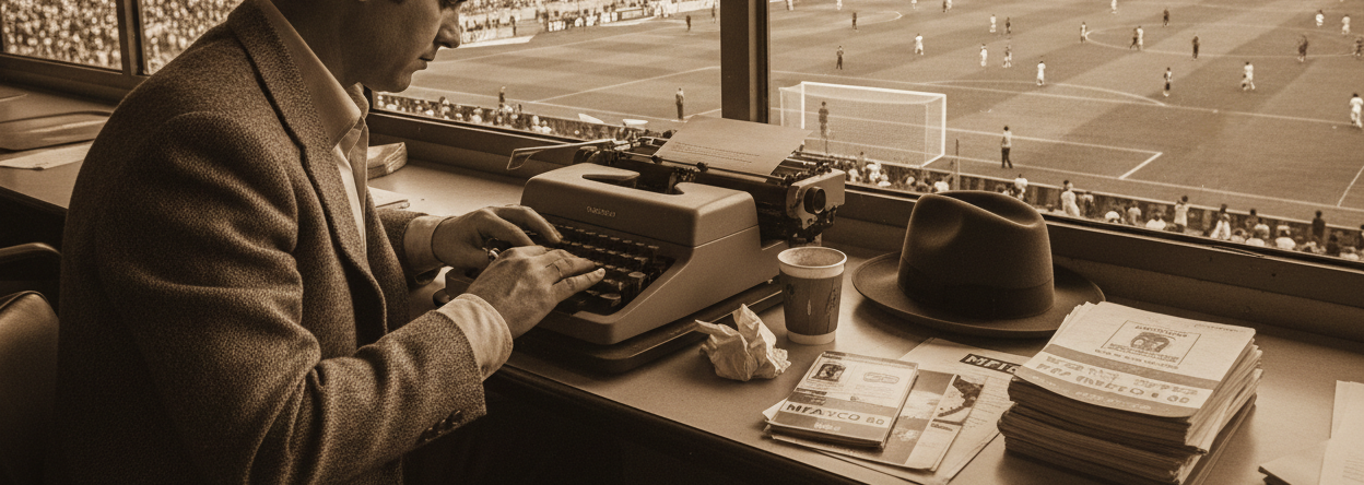 Man typing on a typewriter in a stadium setting